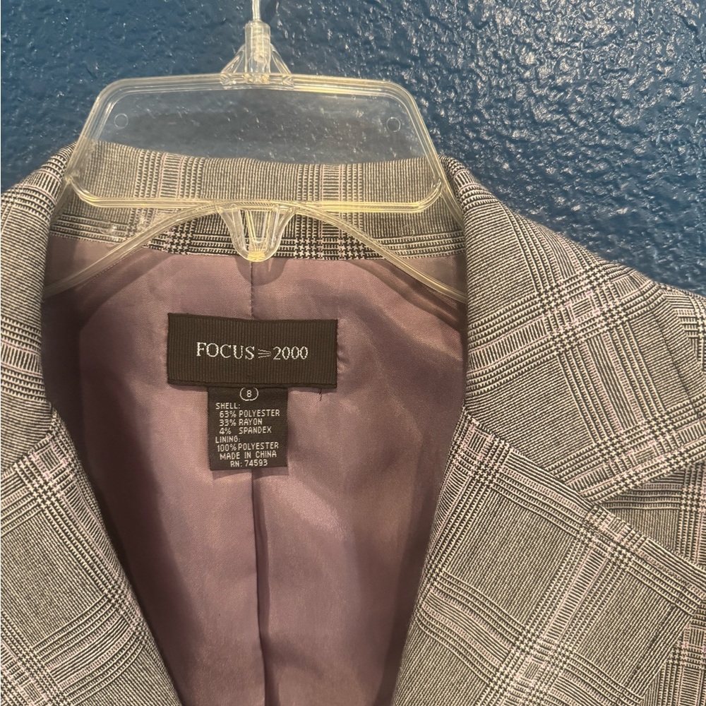 Focus 2000 Women’s Gray Plaid Suit Coat with silk lavender lining